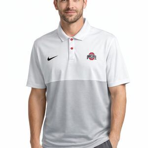 Nike Dri-FIT Ohio State Buckeyes polo in a white and gray color-block design.
